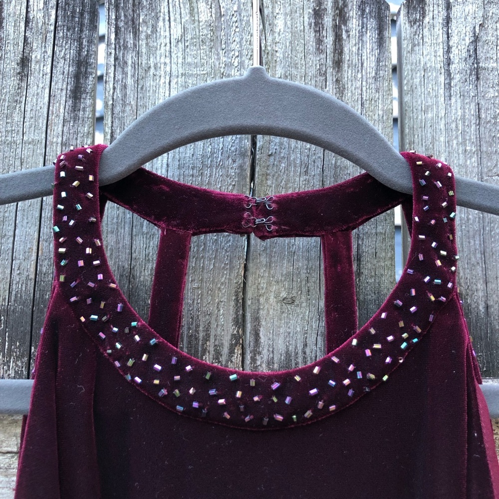 Vintage Reggio Maroon Velvet Maxi Dress Halter Beaded Strappy Wine Red - Picture 14 of 15